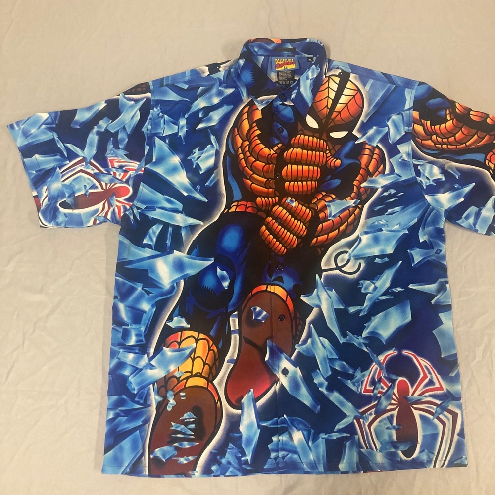 Vintage 2001 Marvel Comics Spider-Man Button Down Shirt‎ XL Blue Shattered Glass - Picture 3 of 13
